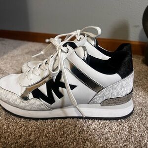 Michael Kors White, Silver and Black Logo Platform Trainer
